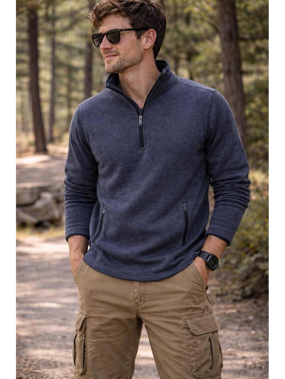 Eddie Bauer Pullover Sweater Mens Large Heather Navy 1/4 Zip Fleece Warm